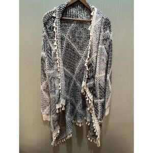 Faith + Linen Women's Chunky Knit Cardigan Sweater L/XL Fringe Trim Blue & White